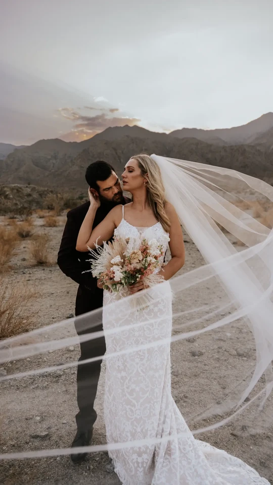 Elopement hero - couple in desert with veil